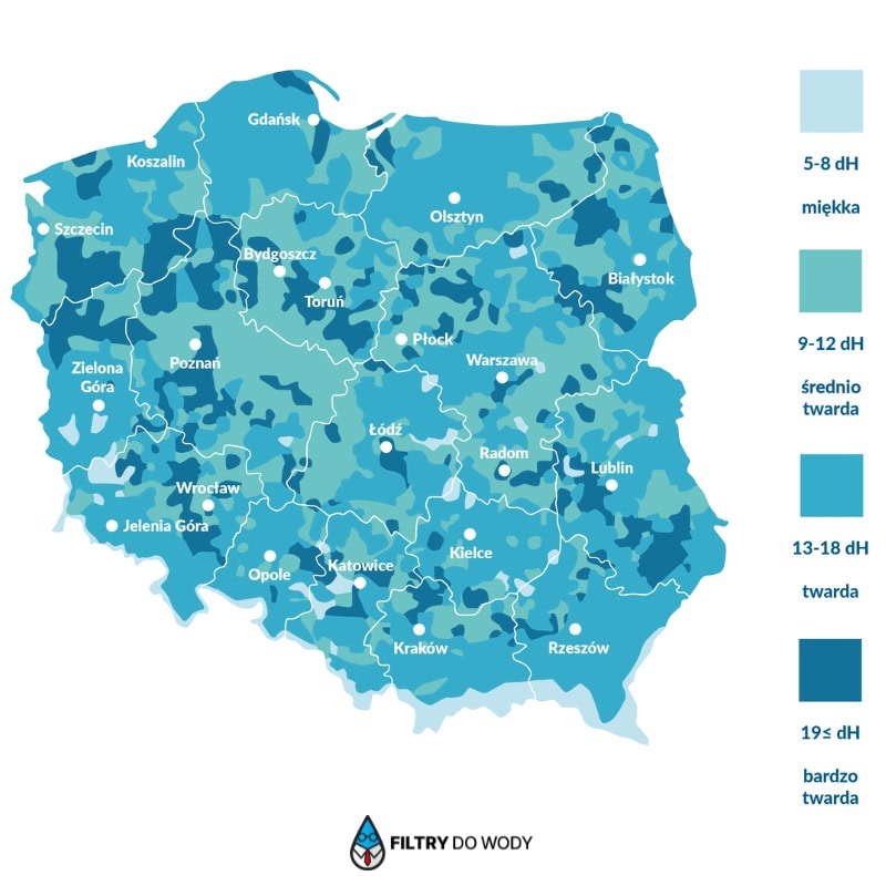 Mapa twardości wody w Polsce